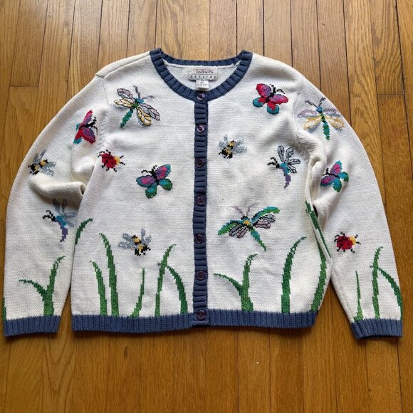Vintage Talbots Size PS White Cotton Silk Blend Butterfly Ladybug Knit Cardigan - Picture 2 of 16